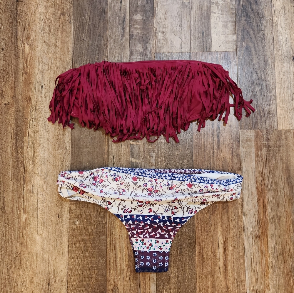 Maroon & Floral Swimsuit - Picture 1 of 7